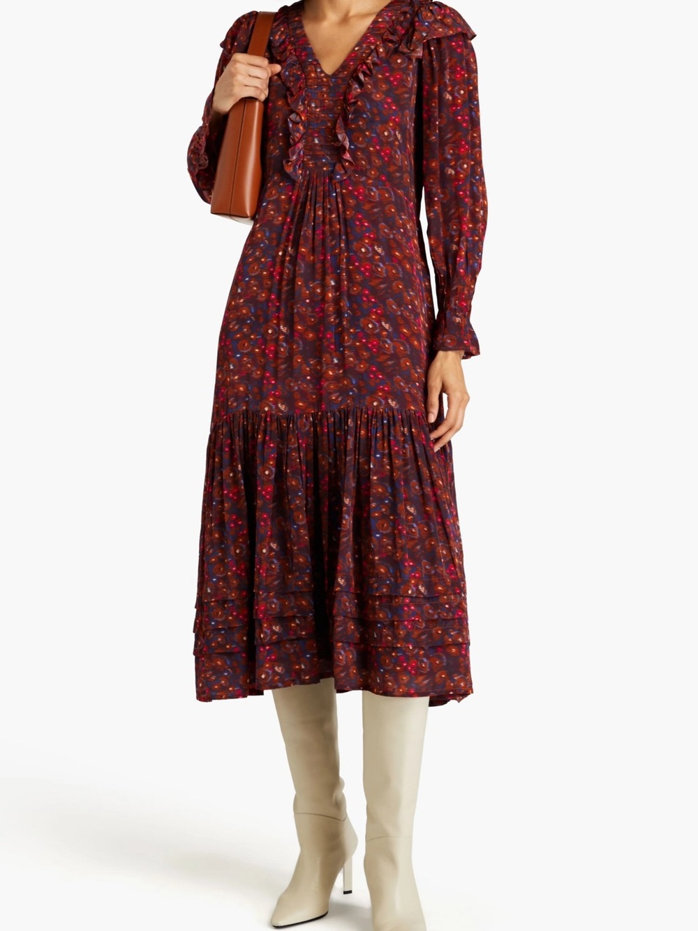 NWT Sea Ilana Ruffled Floral-Print Crepe de Chine Midi Dress